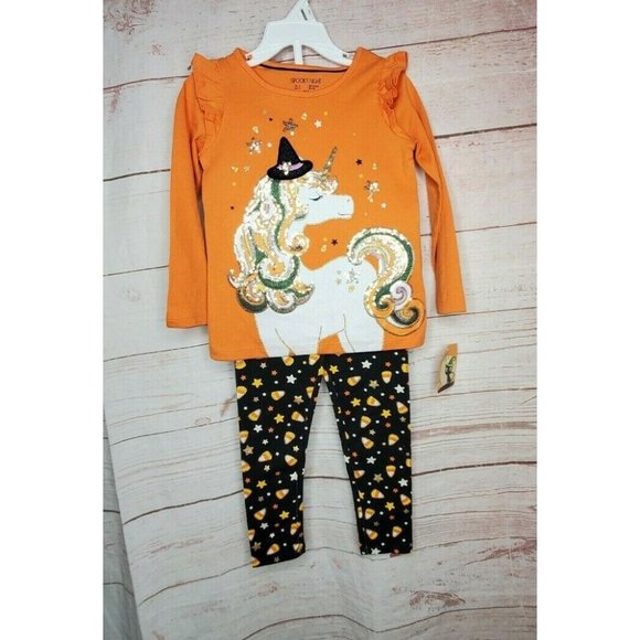 Spooky Night Unicorn Sequin 3 Toddler 2 Piece Kids Orange Shirt Pants Set - Picture 4 of 12